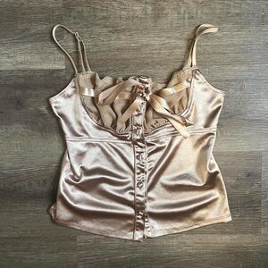 Champagne satin corset top with lace and ribbon details buttons